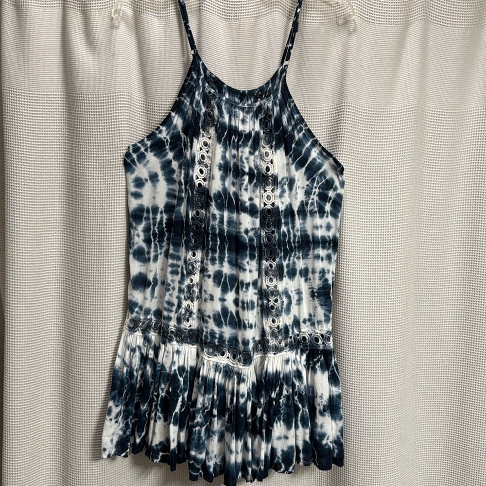 Tie-Dye Dropwaist  Dress cover up‎ Navy/white swim beach vacay Sz L boho/hippie
